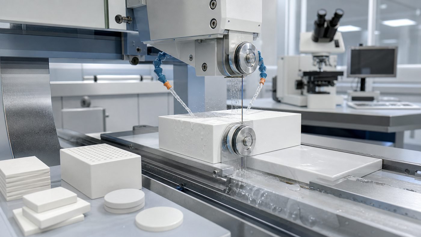 Diamond wire saw cutting advanced ceramic block with coolant in a precision manufacturing lab