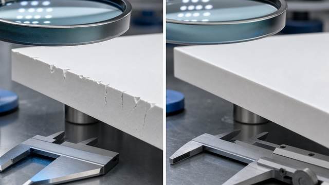 Advanced ceramic cutting comparison showing chipped edge and clean diamond wire saw cut edge