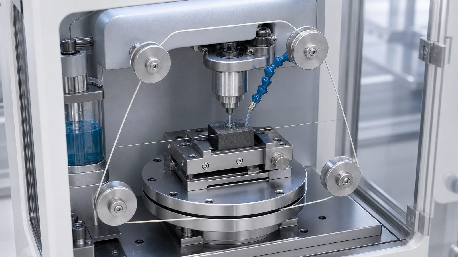 Desktop endless loop diamond wire saw cutting a small hard brittle sample with stable wire motion and coolant
