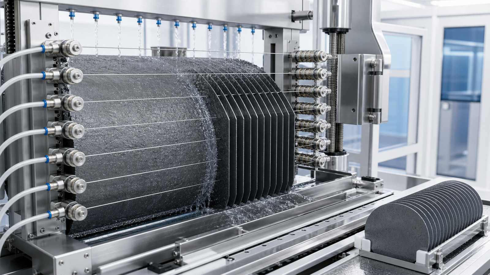 Diamond multi-wire saw slicing a SiC ingot into multiple wafers with controlled tension and coolant flow
