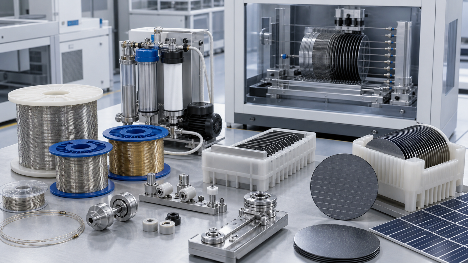 Diamond wire consumables guide rollers coolant filtration and auxiliary wafer processing equipment