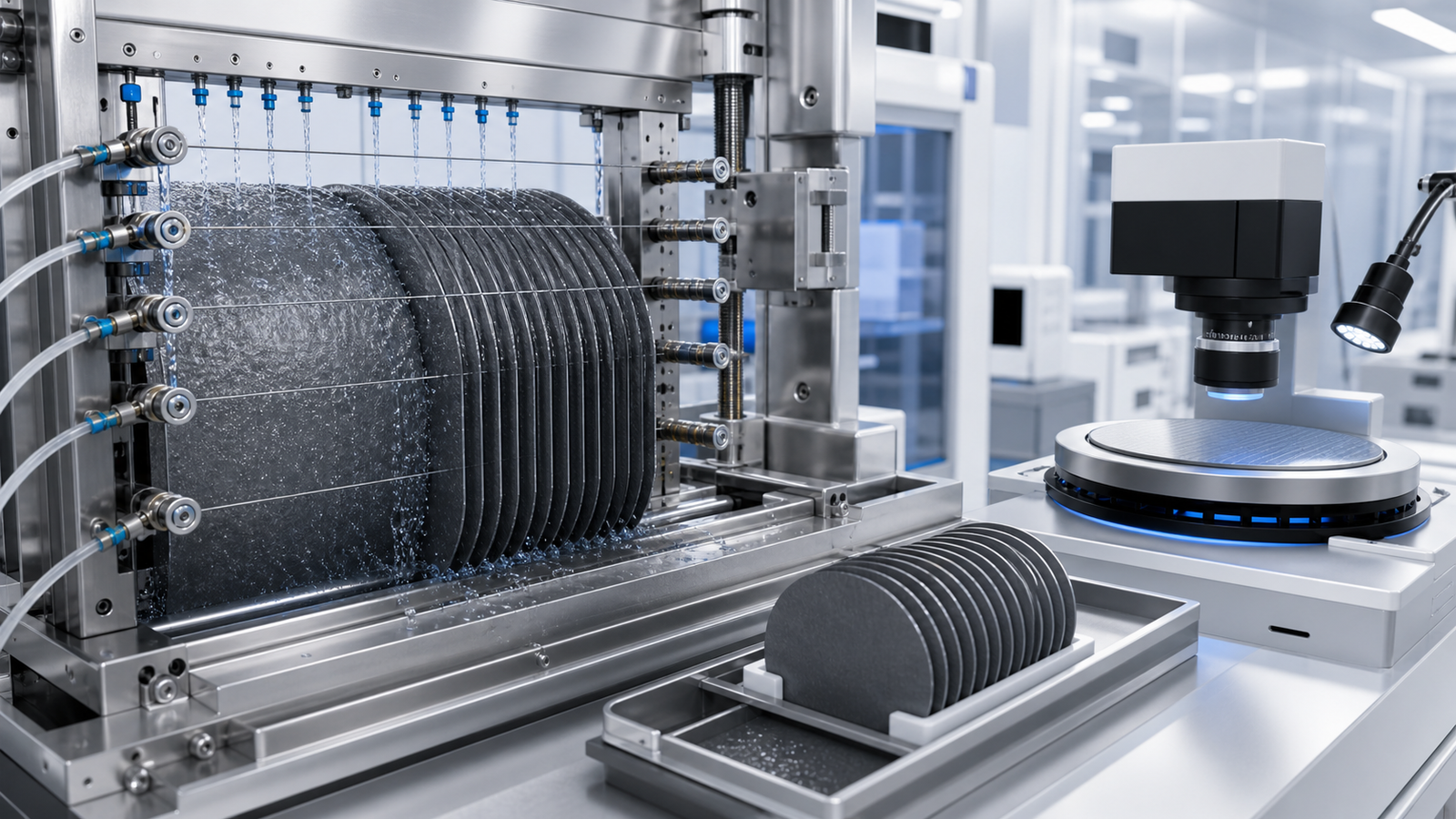 Diamond wire cutting process control with tension coolant debris removal and wafer quality inspection