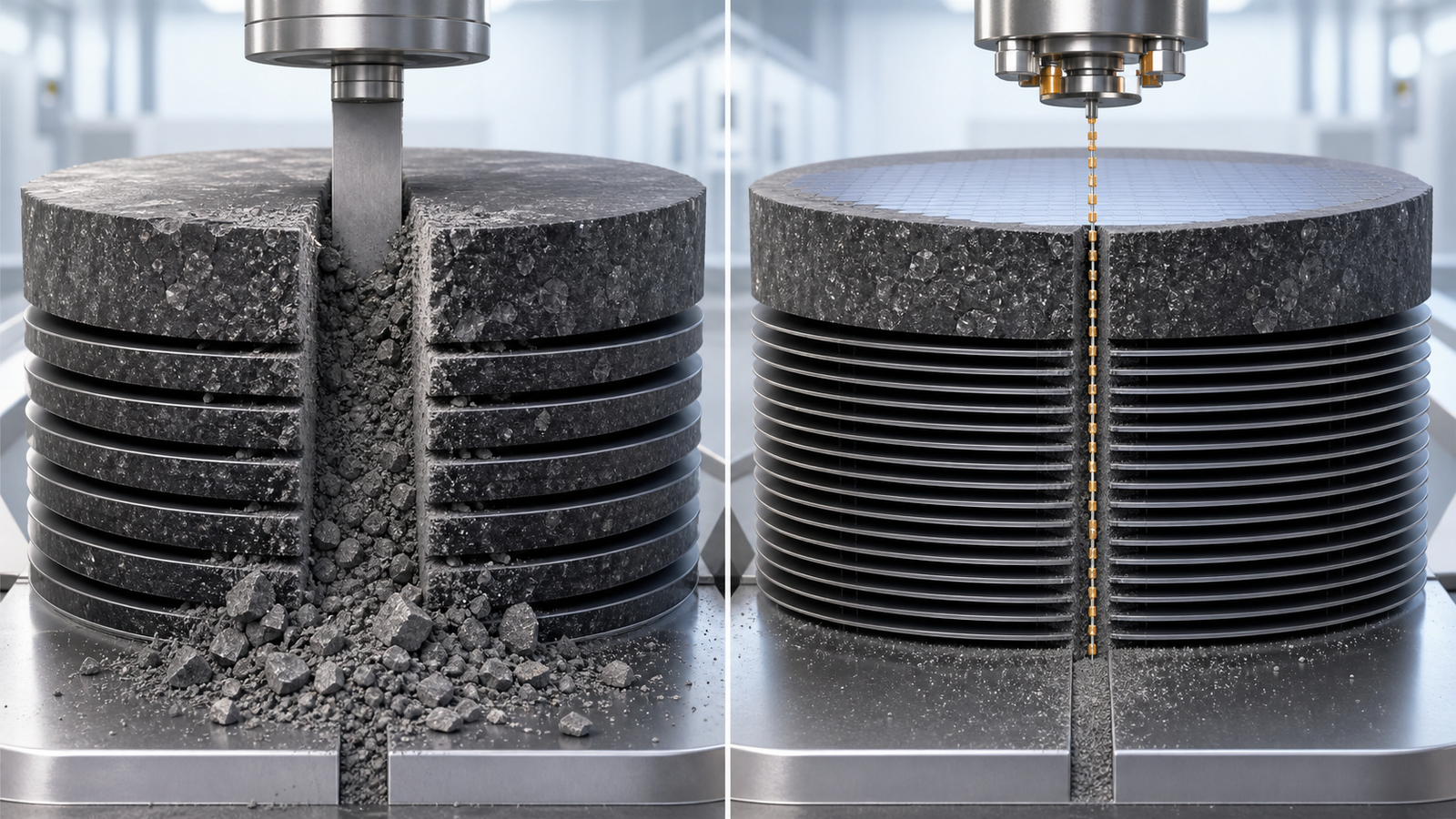 Visual comparison of wide kerf loss and narrow kerf loss in SiC wafer cutting