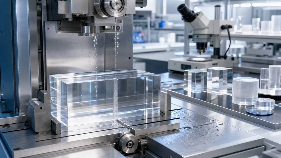Diamond wire saw cutting transparent optical glass and quartz glass in a clean photonics lab
