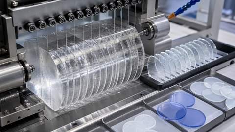 Parallel wire slicing of quartz glass optical wafers and sapphire substrates