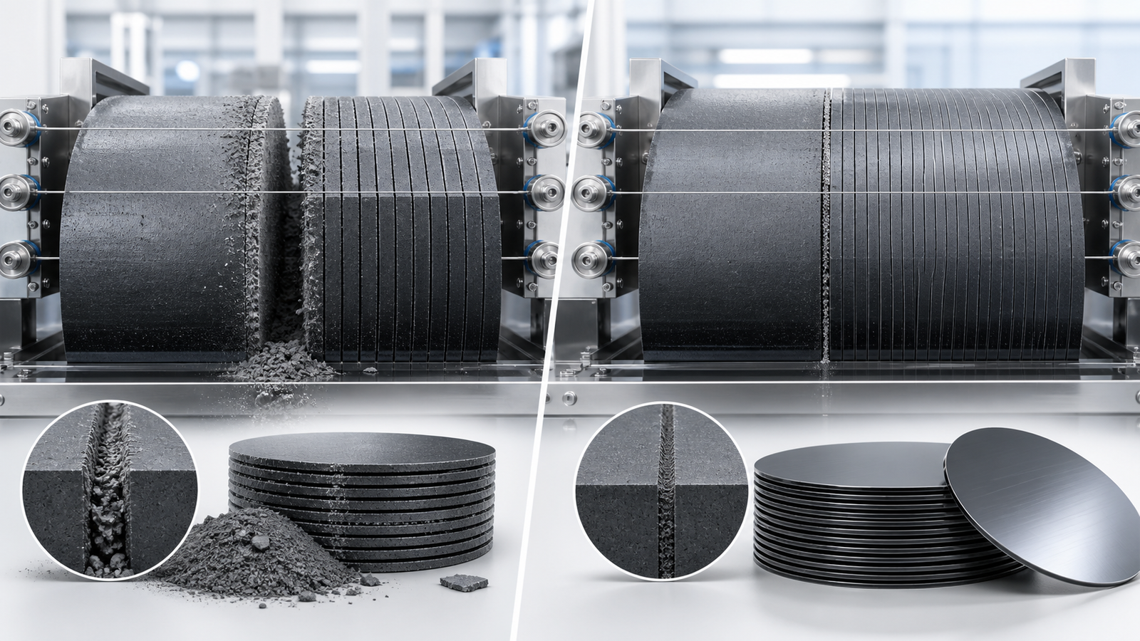 Wafer slicing kerf loss reduction comparison showing narrow diamond wire cut and improved wafer yield