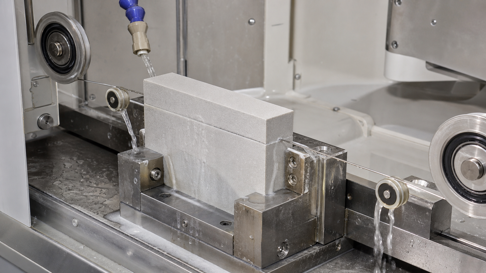 Aluminum nitride substrate blank being cut by an endless diamond wire saw with controlled coolant