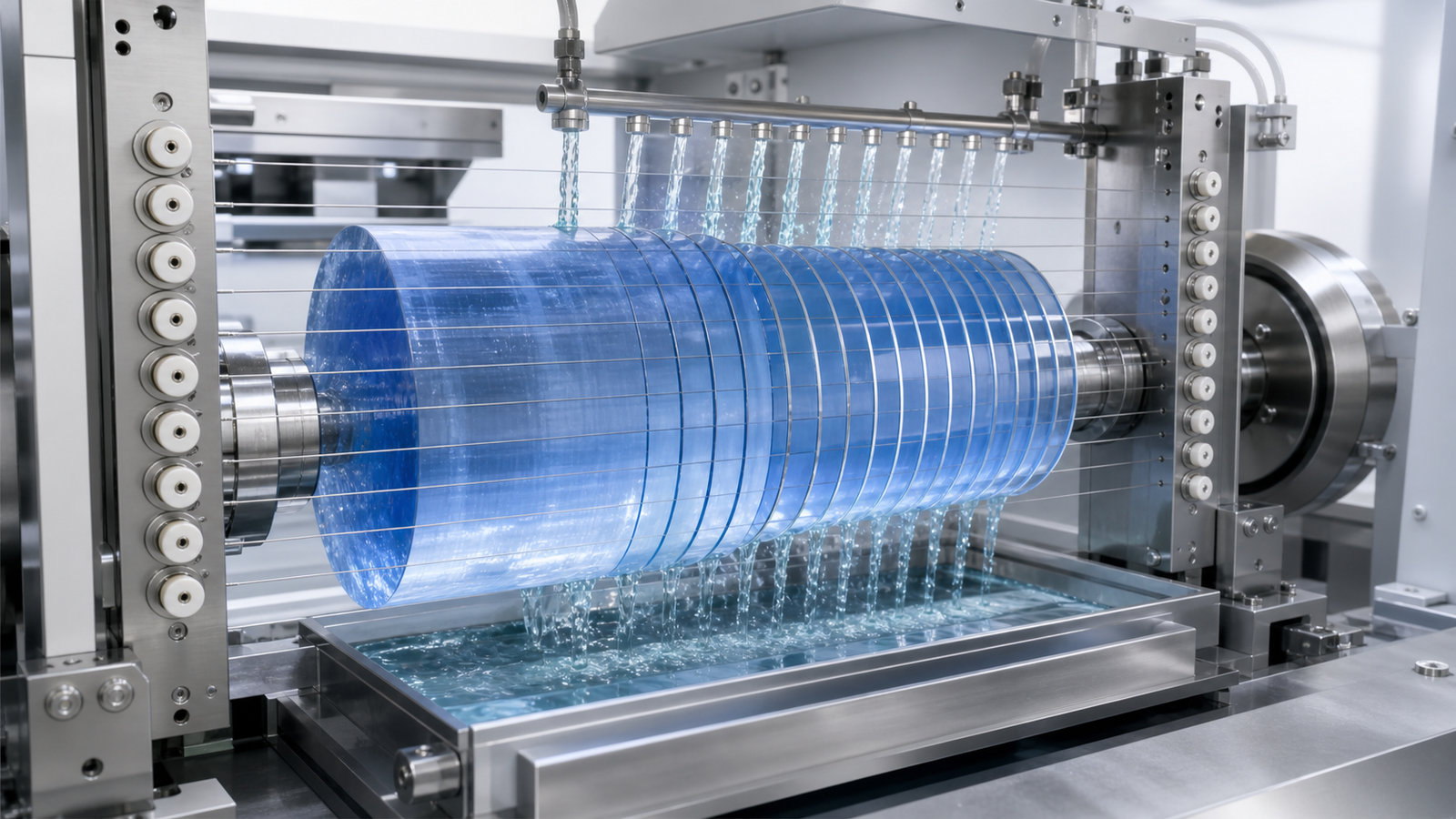 Diamond multi-wire saw slicing sapphire wafers with parallel wires and uniform coolant flow