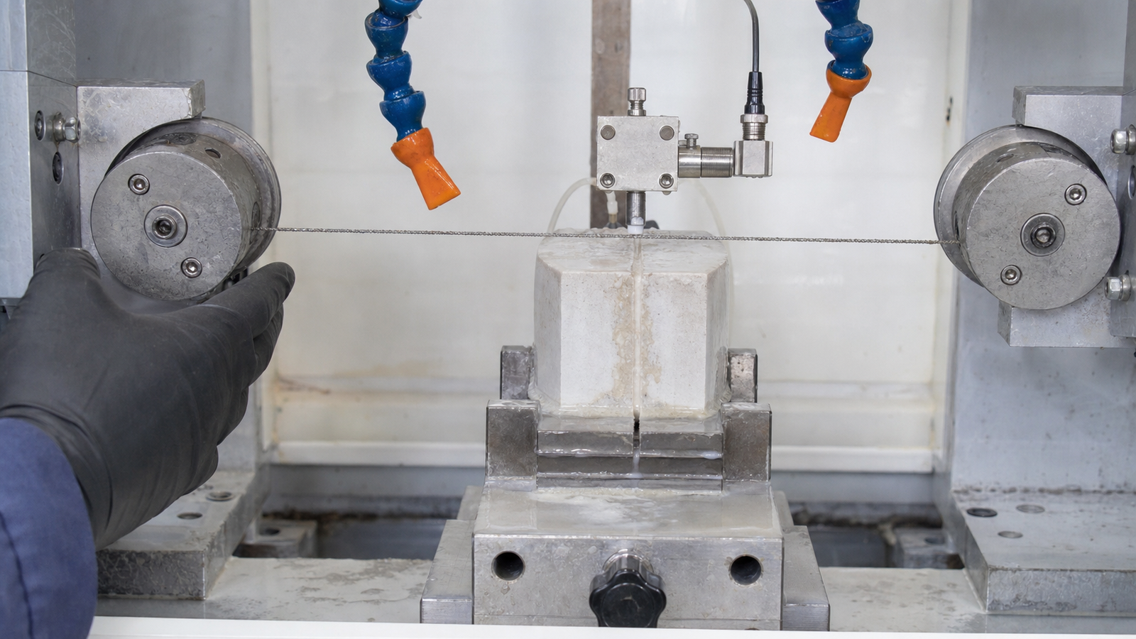 Stopped diamond wire saw being inspected for guide alignment tension and coolant conditions after unstable cutting
