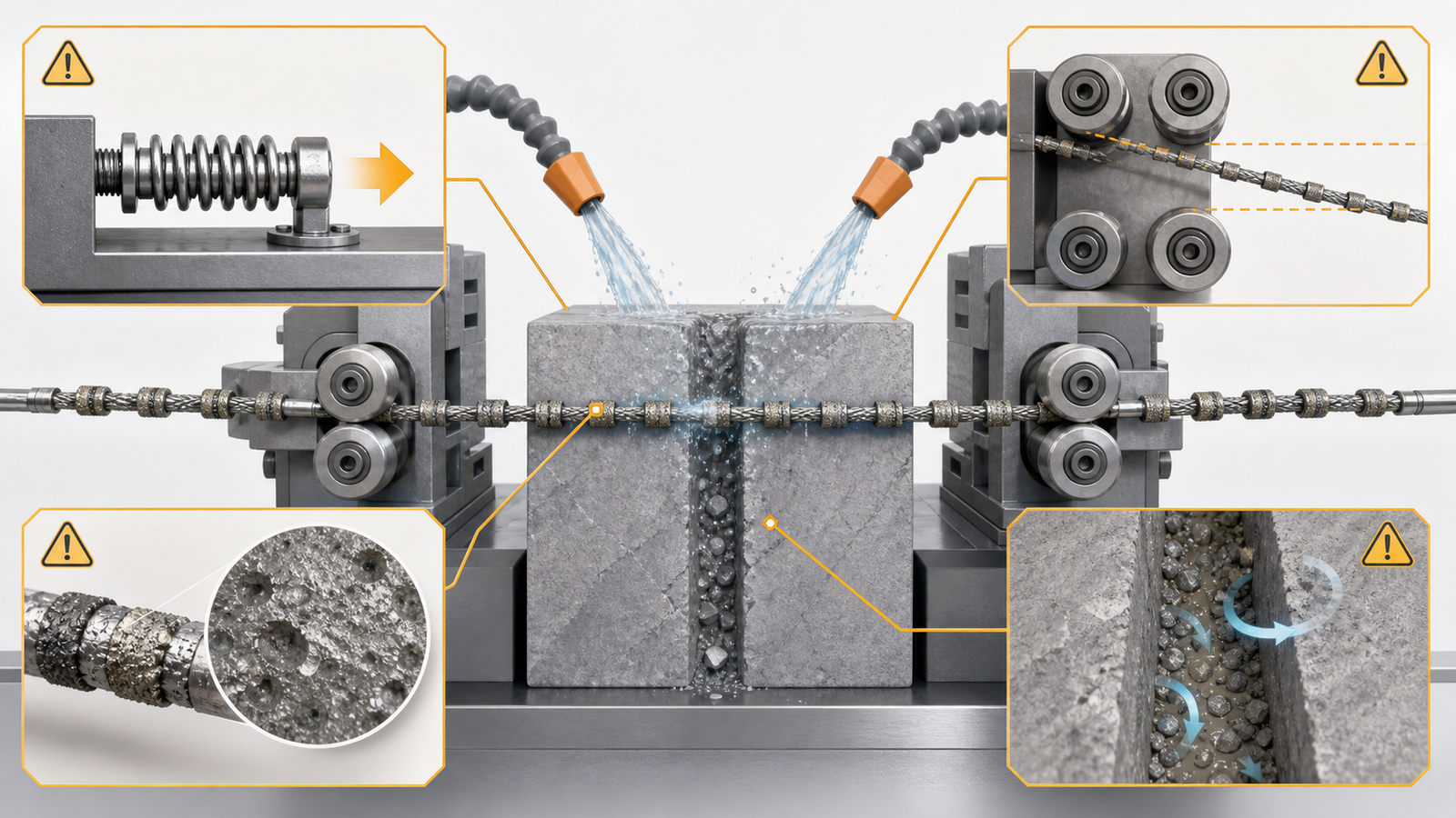 Engineering diagram of diamond wire breakage causes including overload guide misalignment abrasive wear and blocked coolant flow