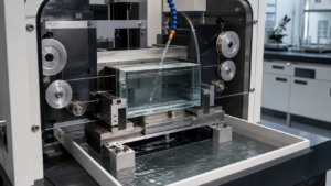 Thick glass core substrate blank being prepared with an endless diamond wire saw and controlled coolant