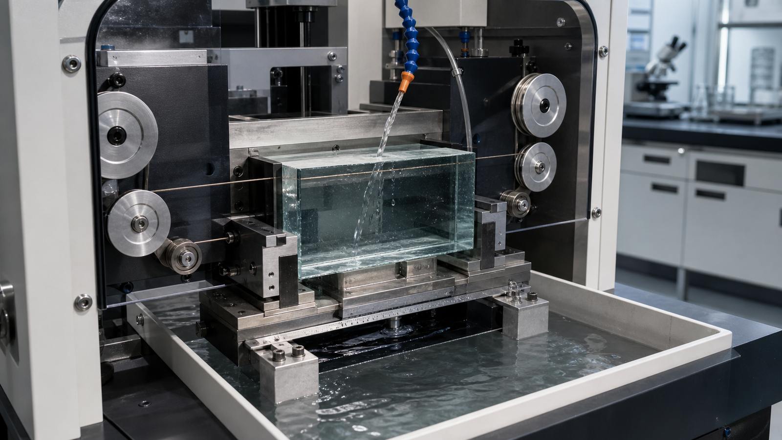 Thick glass core substrate blank being prepared with an endless diamond wire saw and controlled coolant
