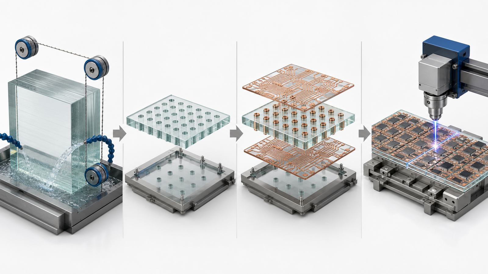 Conceptual sequence from diamond wire sawing a thick glass blank through TGV fabrication and final panel singulation