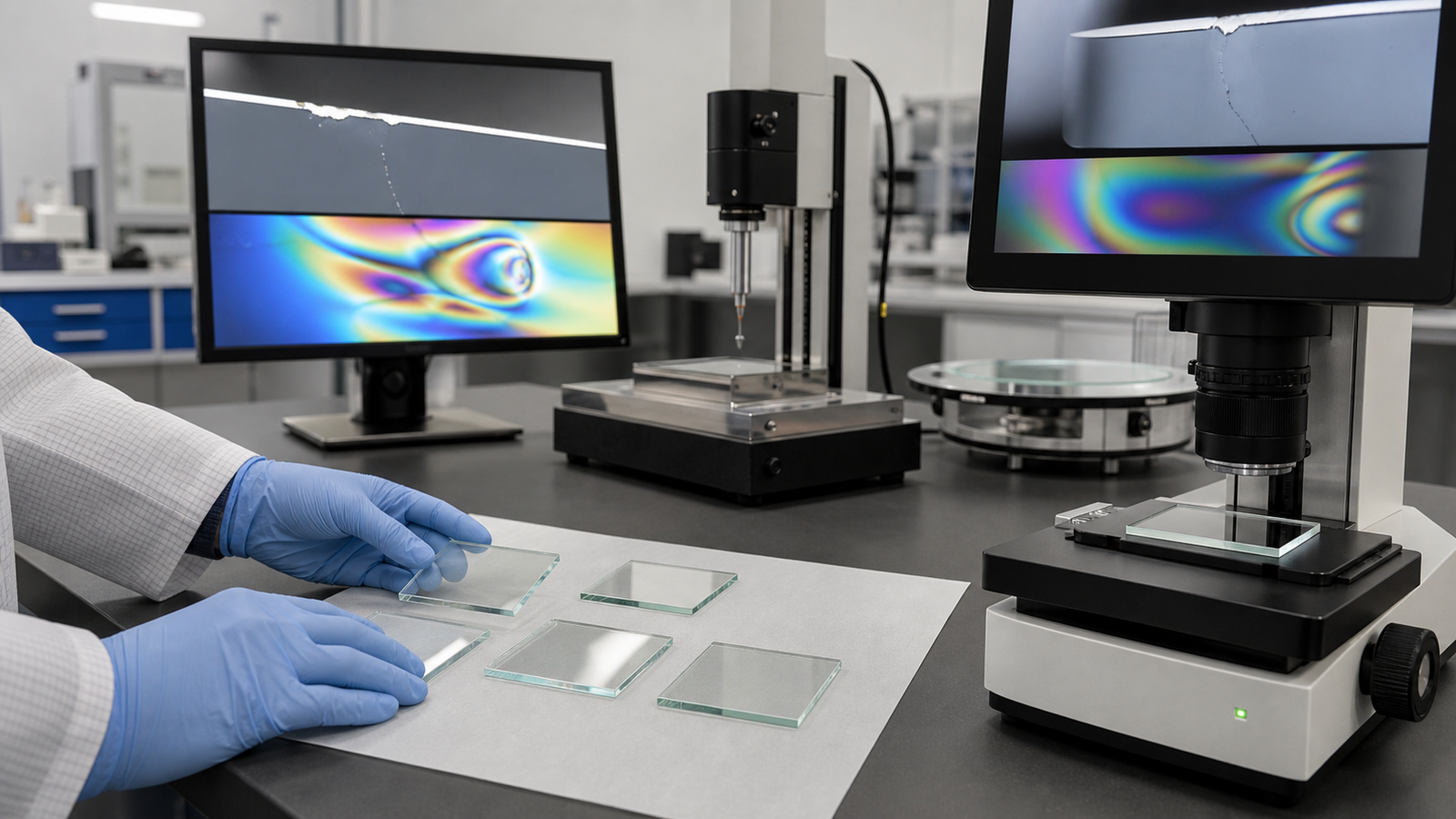 Glass substrate coupons undergoing edge microscopy, surface profiling, flatness and stress inspection
