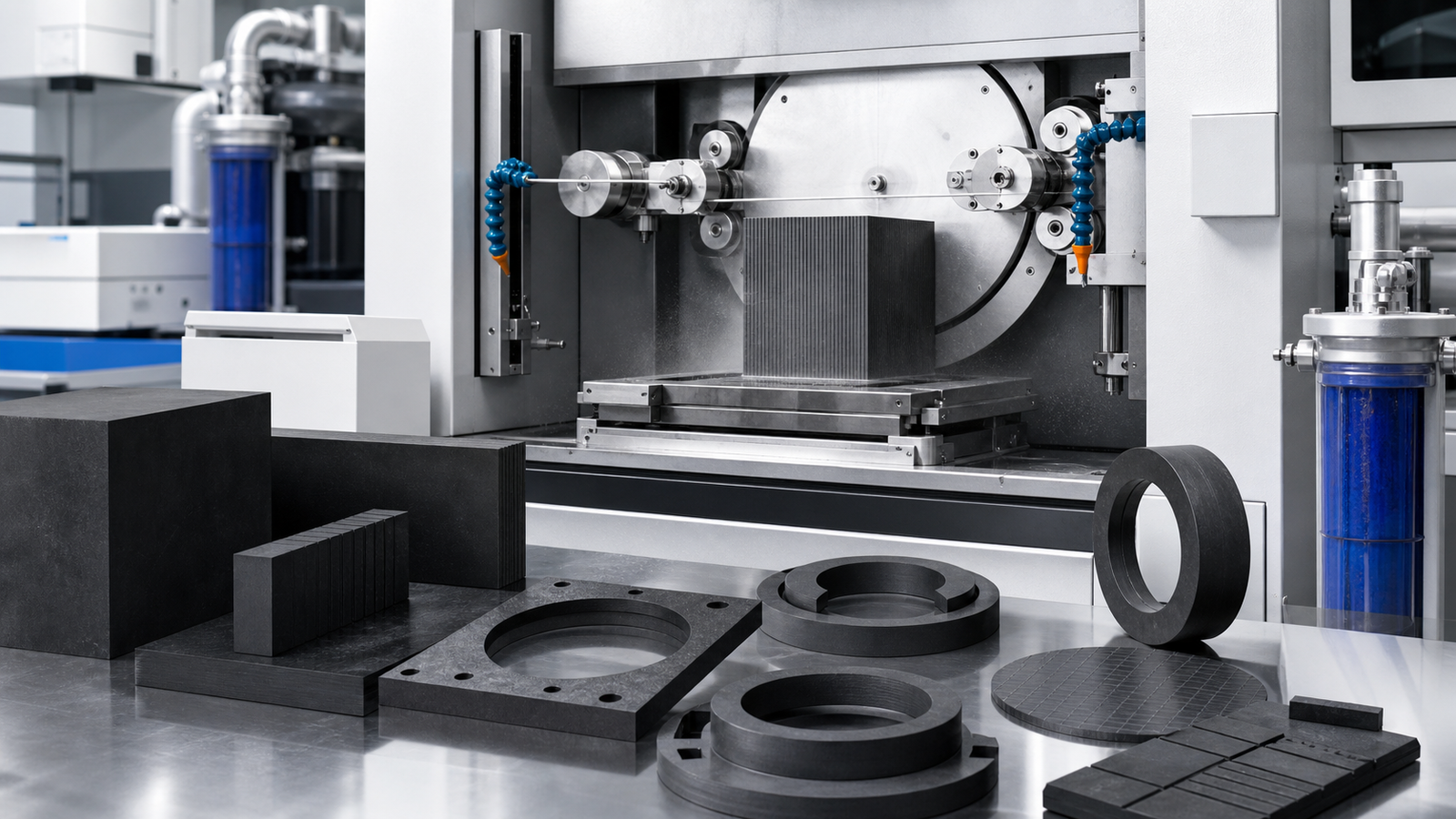 Diamond wire saw cutting graphite and carbon material components for semiconductor EDM and new energy applications