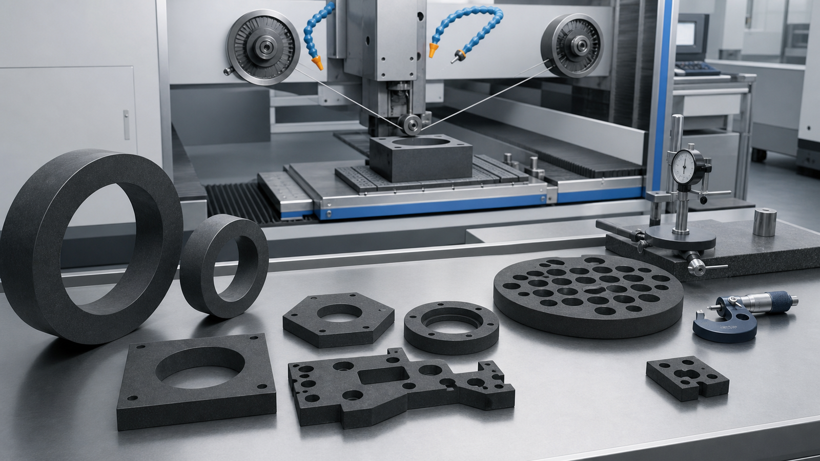 Precision diamond wire saw profile cutting graphite rings plates and special shaped carbon components