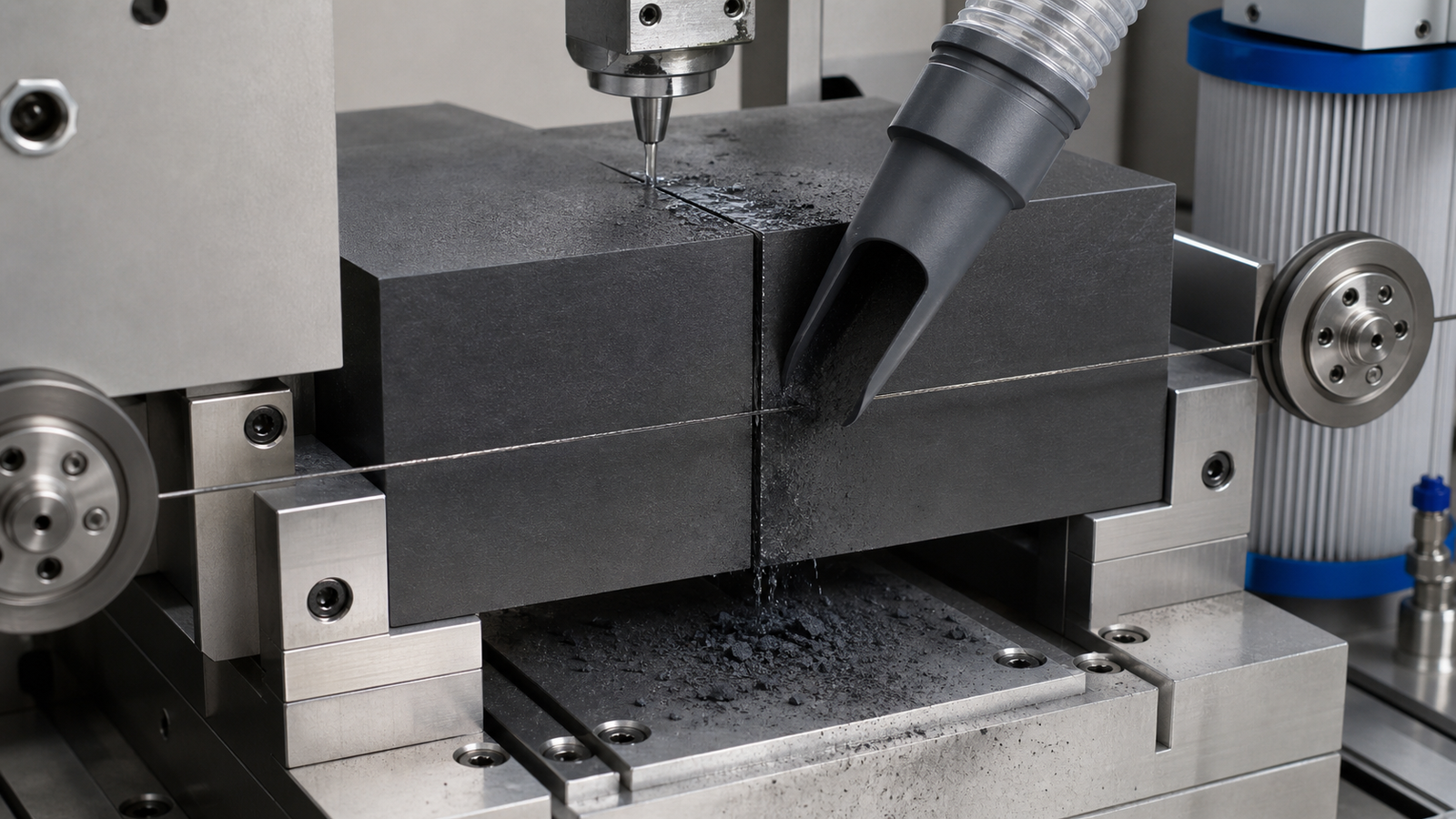 Graphite block diamond wire cutting with dust extraction narrow kerf and stable fixture support