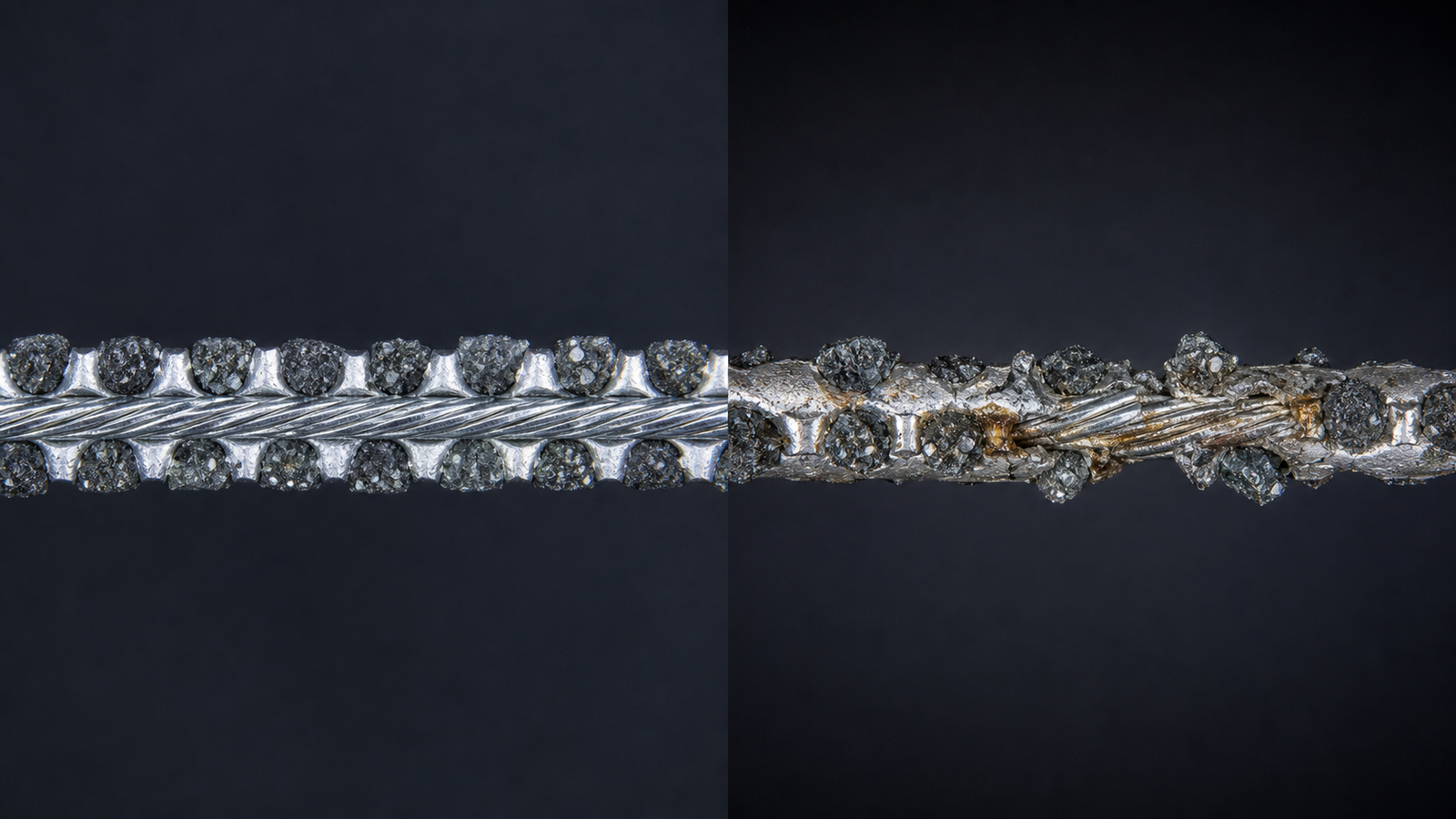 Microscope comparison of healthy fixed abrasive diamond wire and worn loaded kinked diamond wire