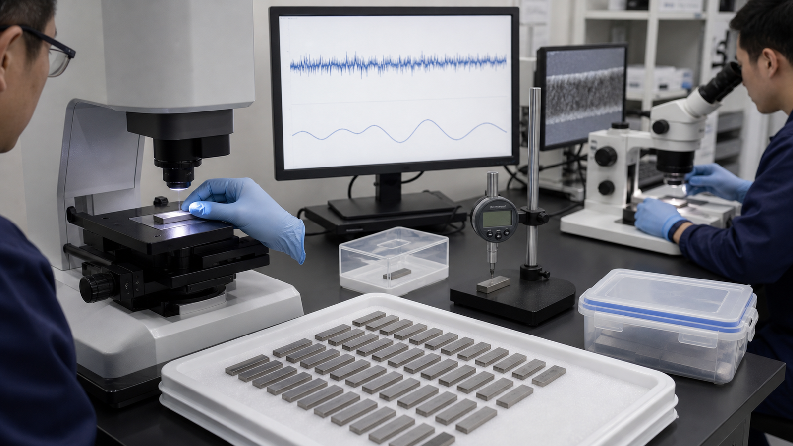 Quality control inspection of unmagnetized NdFeB segments for roughness, waviness, thickness and edge condition