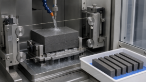 Unmagnetized sintered NdFeB block being sliced by an endless diamond wire saw with coolant and rigid support