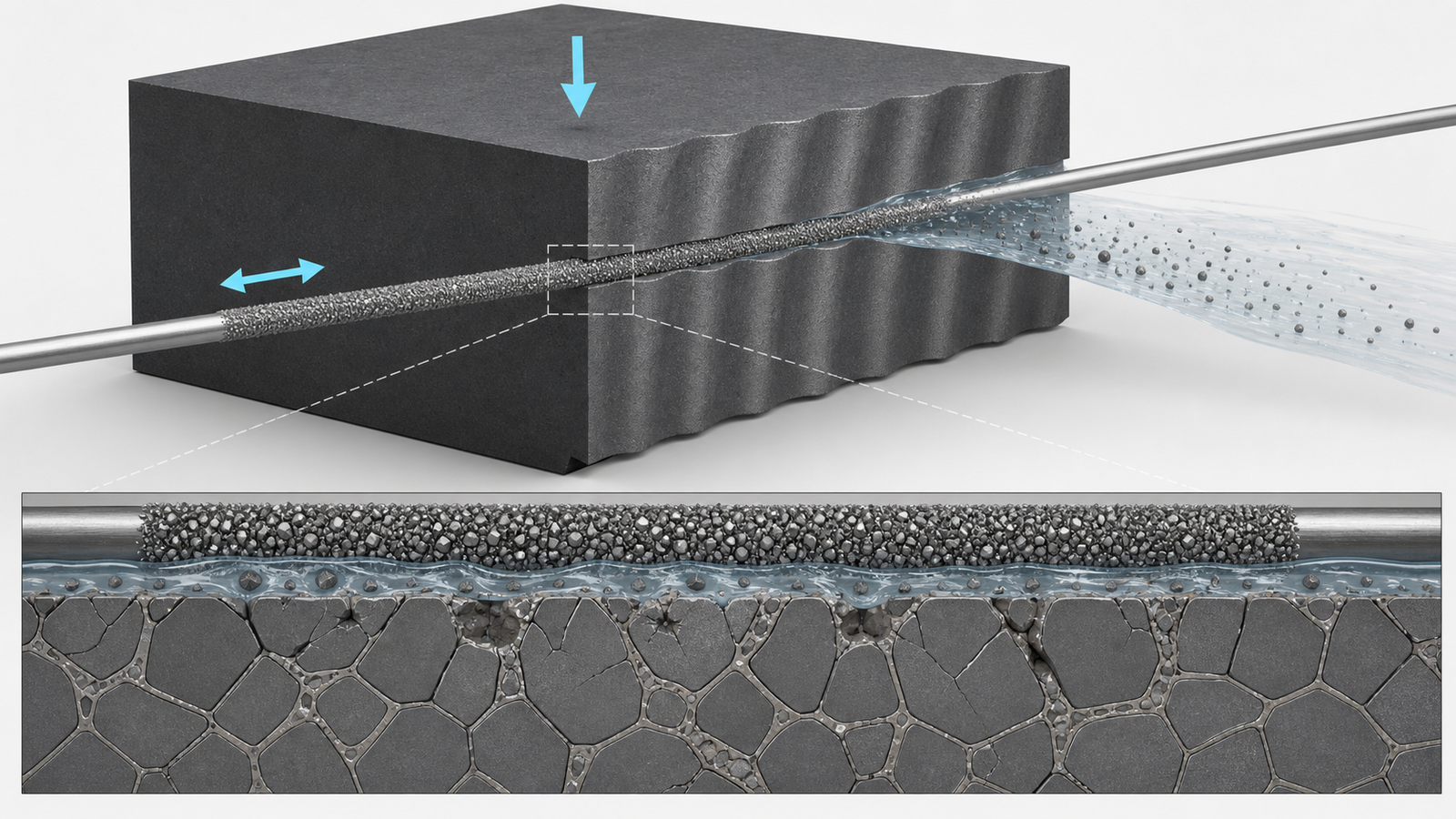 Technical cutaway showing lateral diamond wire motion, periodic waviness and grain-boundary fracture in sintered NdFeB