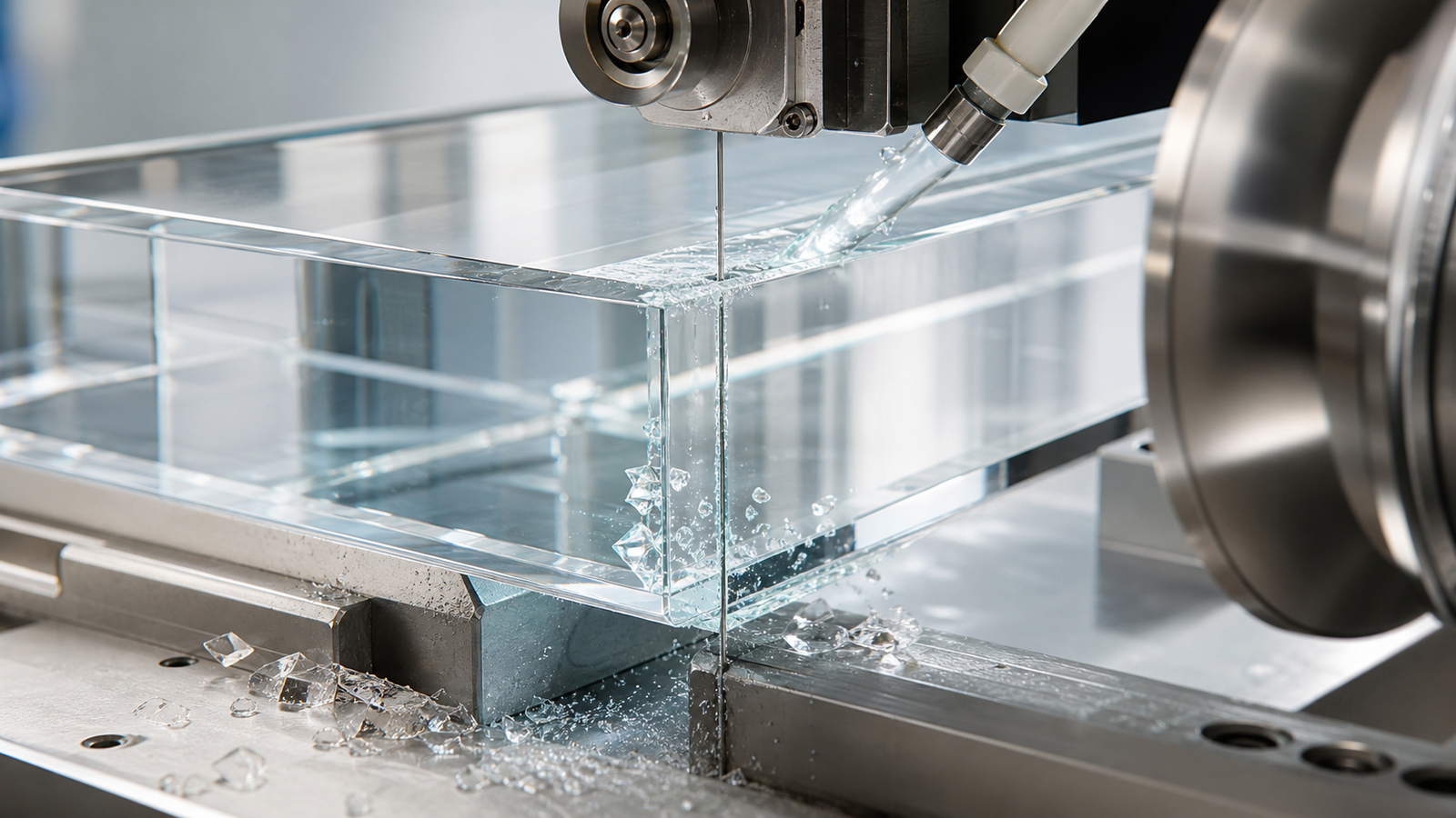 Optical glass diamond wire cutting with narrow kerf coolant flow and edge chipping control