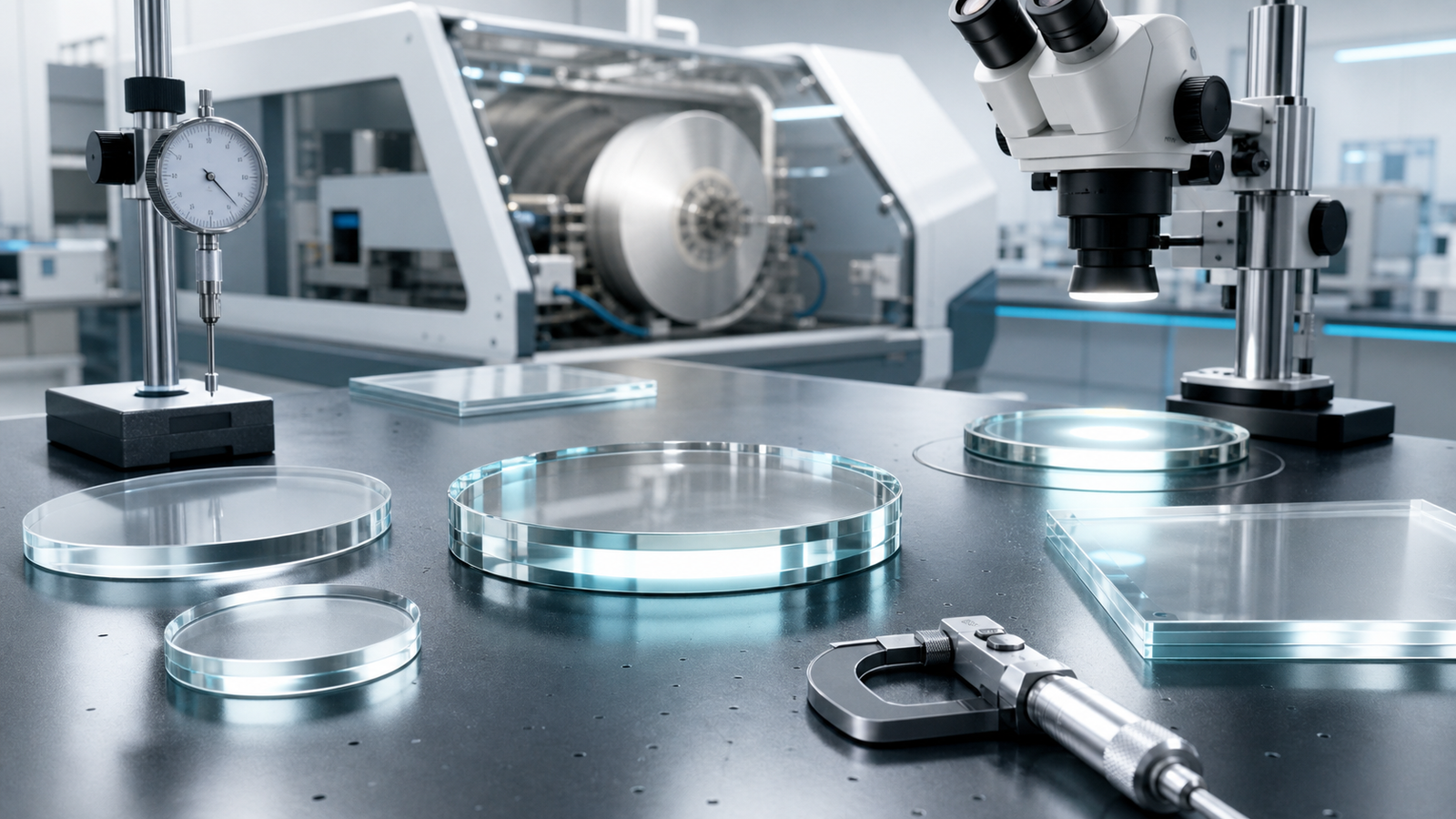 Quartz and optical glass wafers inspected for flatness edge quality and surface finish after diamond wire slicing