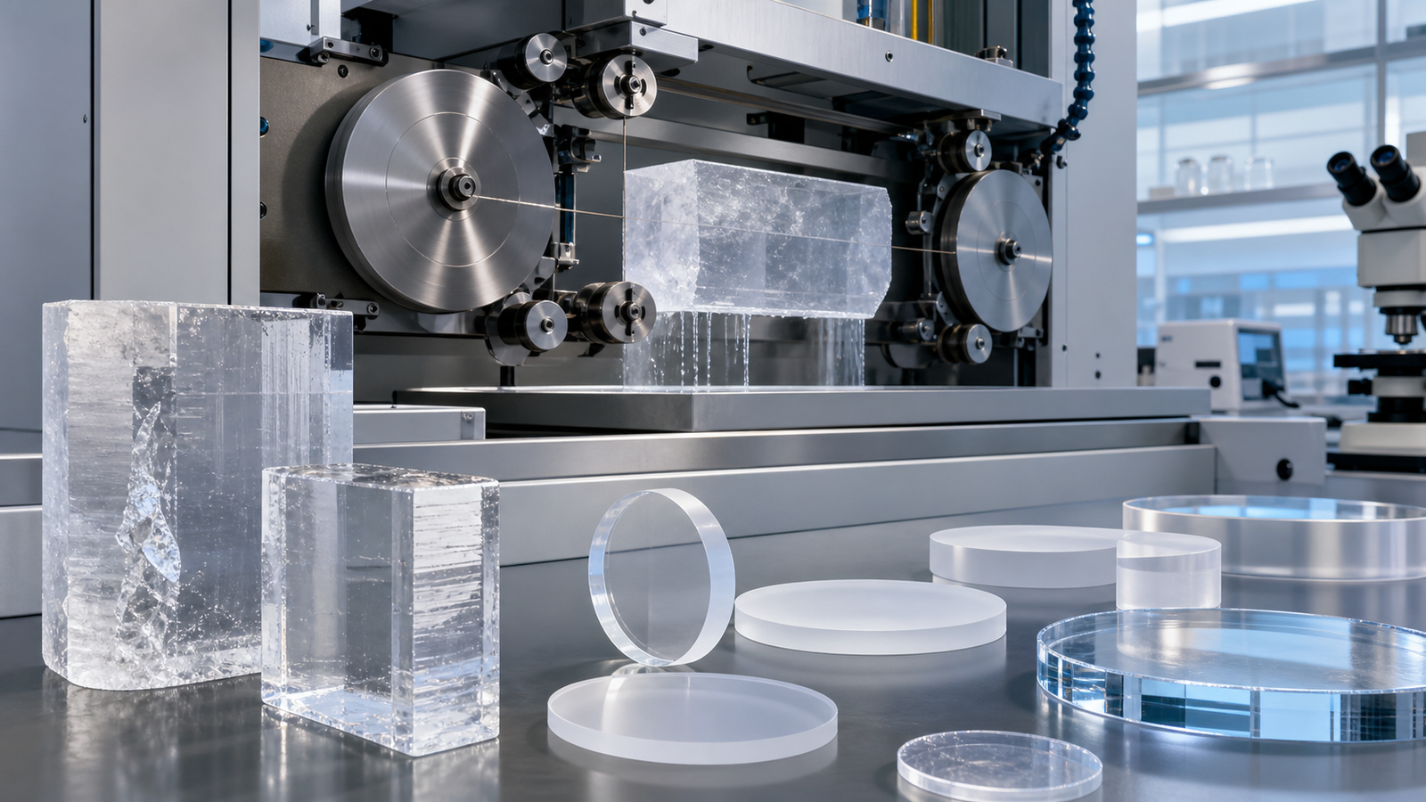 Quartz crystal and optical glass slicing with diamond wire saw in precision optics manufacturing