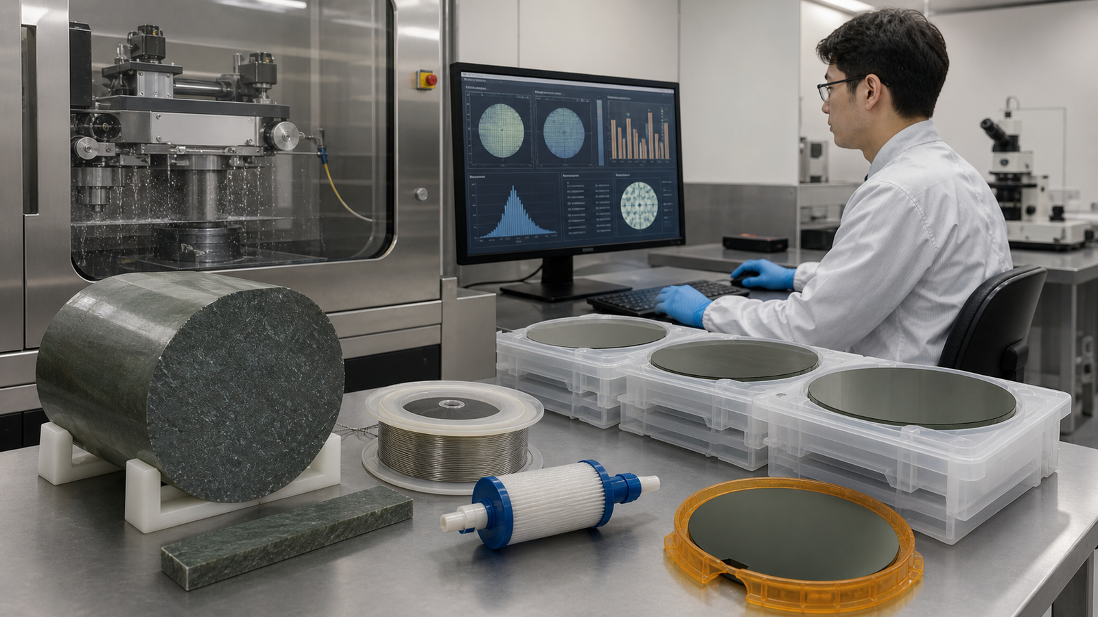 An engineer reviewing SiC wafer yield, thickness maps, wire consumption and diamond wire saw process data