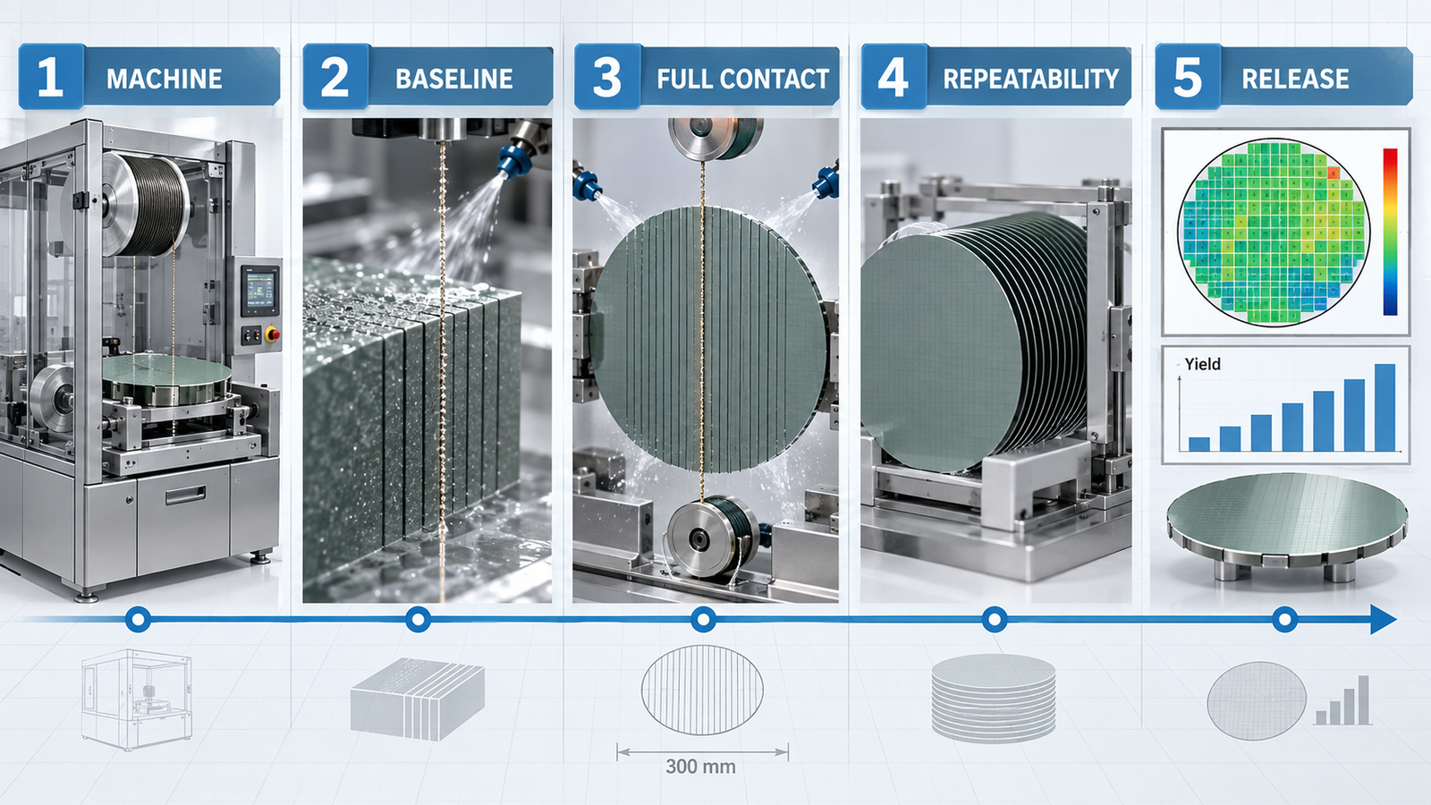Five-stage 300 mm SiC qualification flow from machine readiness and baseline cutting to repeatability and release
