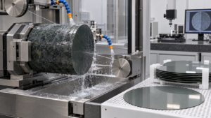A 300 mm silicon carbide boule and wafers in a coolant-controlled precision diamond wire saw development setup