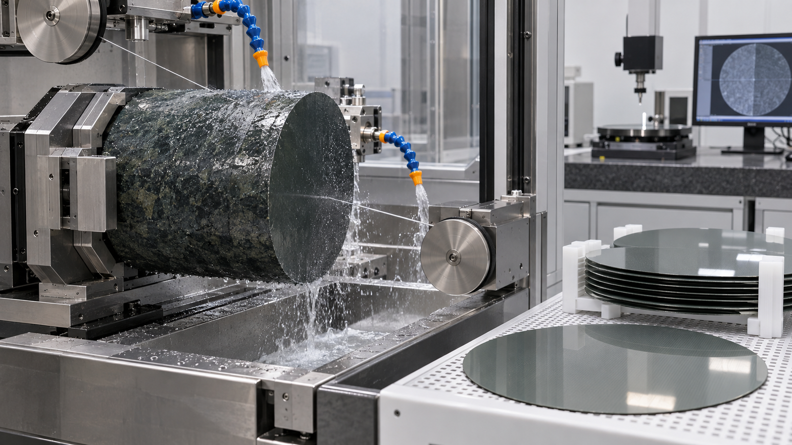 A 300 mm silicon carbide boule and wafers in a coolant-controlled precision diamond wire saw development setup