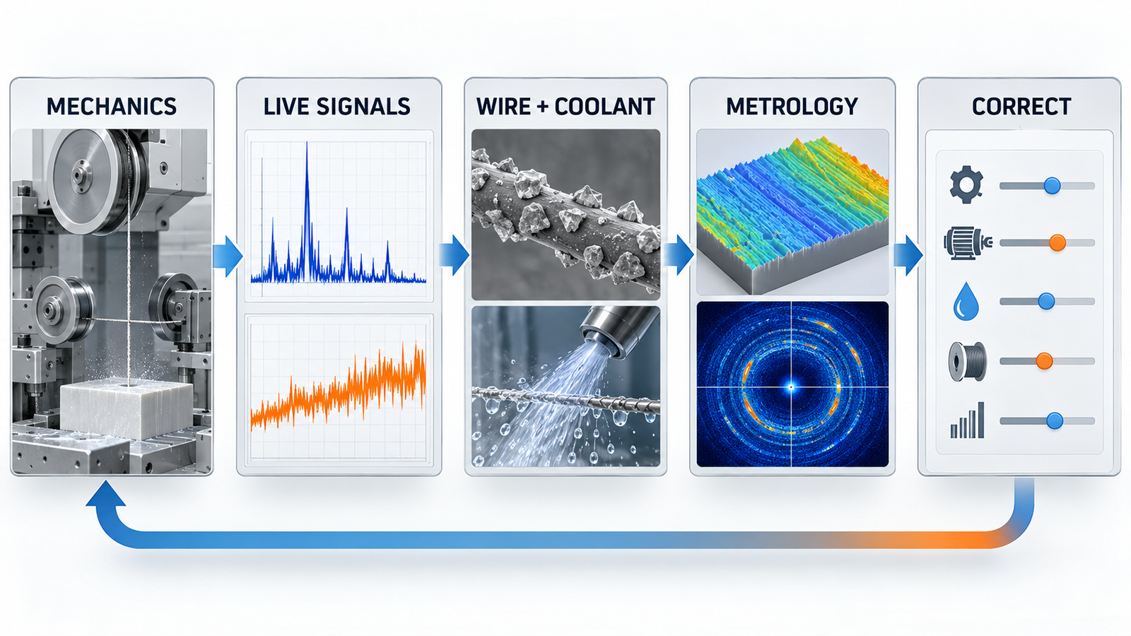 AlN Substrate Cutting: How Wire Vibration Changes Surface Damage 3 Closed control loop connecting wire saw mechanics, live signals, wire and coolant condition, metrology and recipe correction