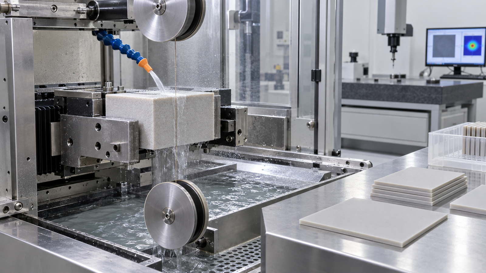 AlN Substrate Cutting: How Wire Vibration Changes Surface Damage 1 A pale gray aluminum nitride block undergoing coolant-controlled diamond wire saw cutting beside finished AlN substrate plates