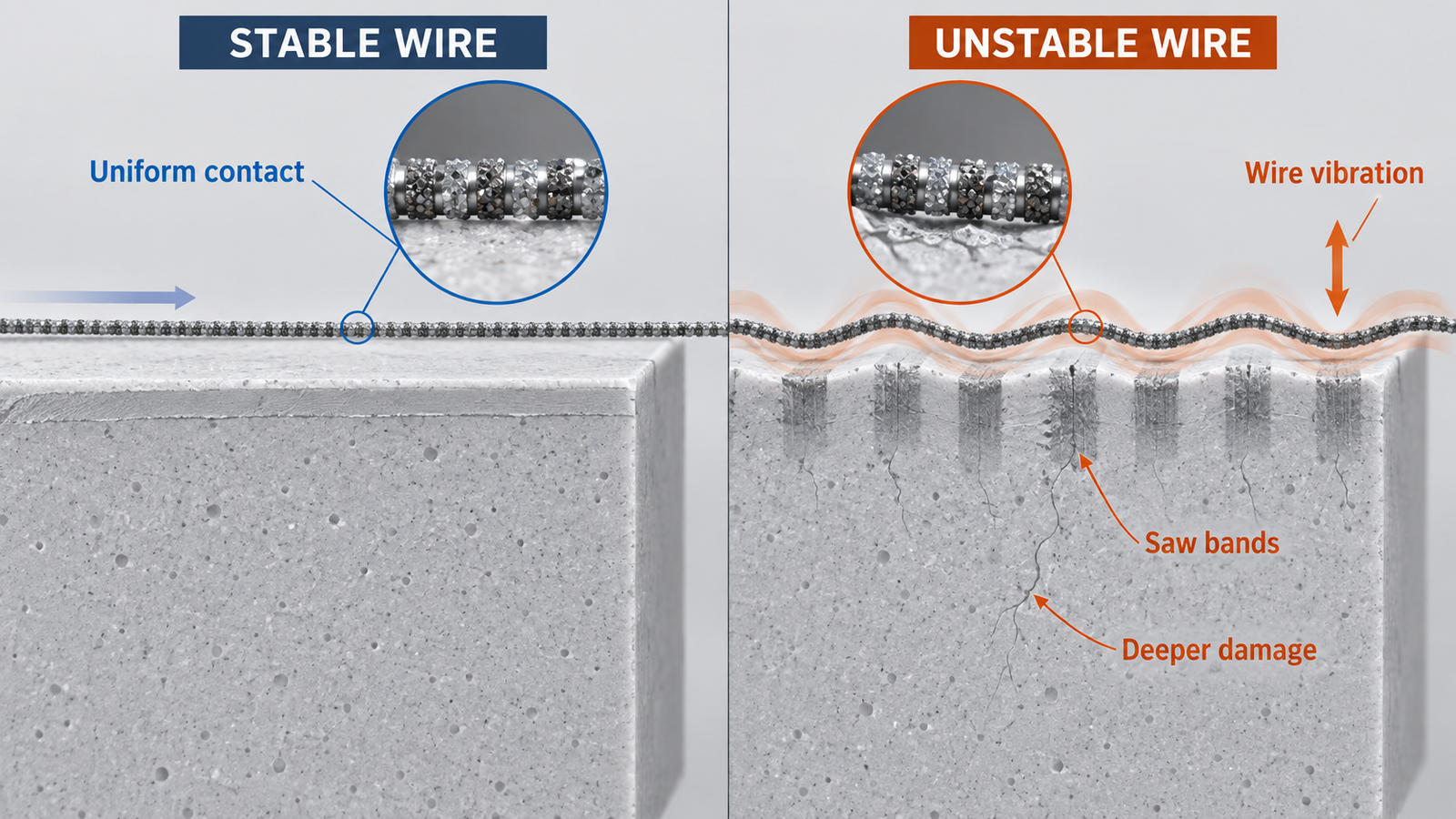 AlN Substrate Cutting: How Wire Vibration Changes Surface Damage 2 Stable and unstable diamond wire motion compared through uniform contact, saw bands and deeper ceramic damage