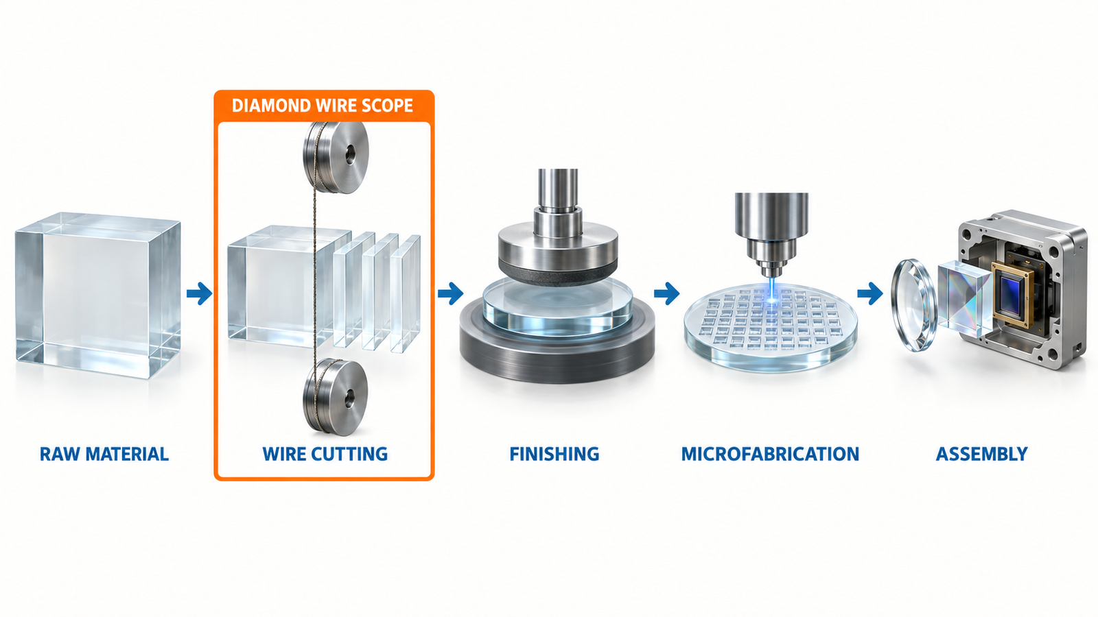 Process flow from raw optical glass through wire cutting, finishing, microfabrication and optical package assembly