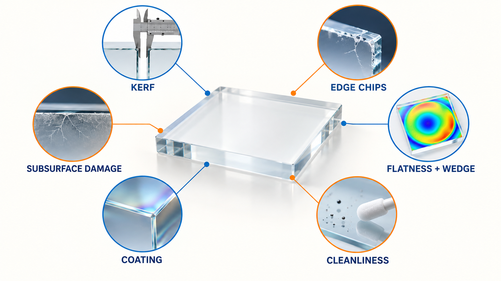 Optical glass acceptance checks covering kerf, edge chips, subsurface damage, flatness, coating and cleanliness