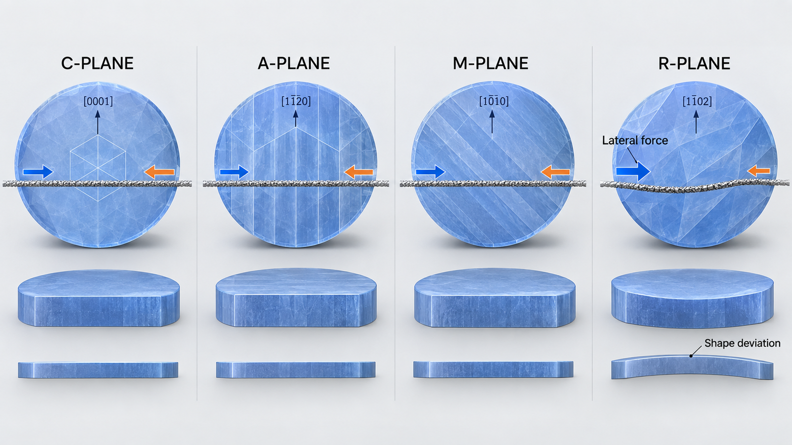 Sapphire Wafer Cutting: How Crystal Anisotropy Changes Diamond Wire Saw Results 2 C-plane, A-plane, M-plane and R-plane sapphire comparison showing asymmetric lateral force and shape deviation