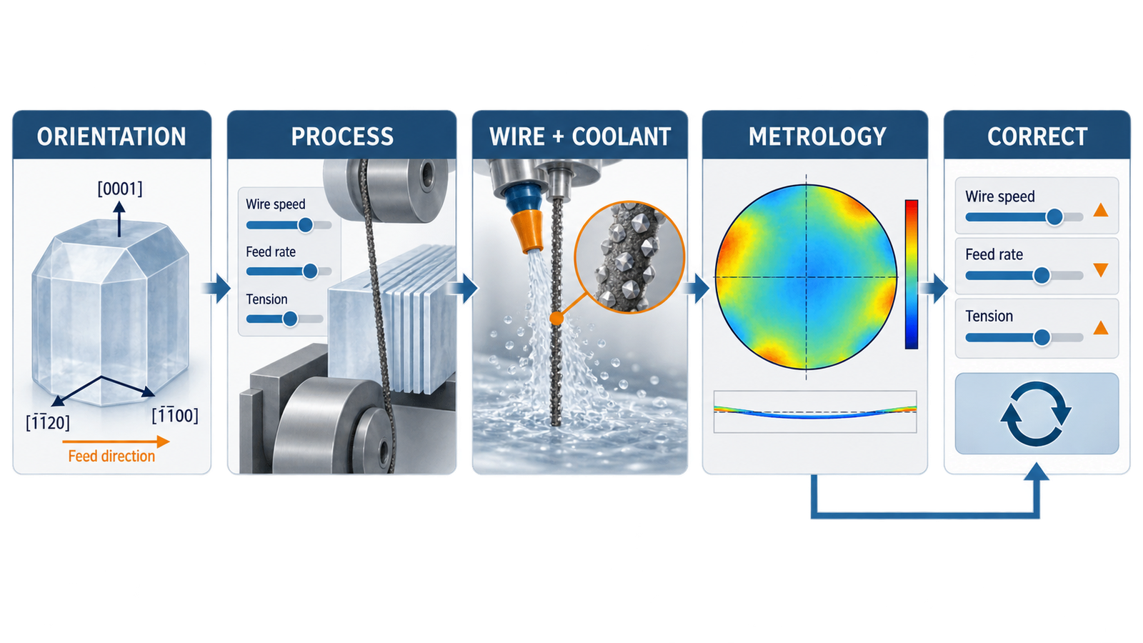 Sapphire Wafer Cutting: How Crystal Anisotropy Changes Diamond Wire Saw Results 3 Control loop connecting sapphire orientation, wire saw parameters, wire and coolant condition, wafer metrology and recipe correction