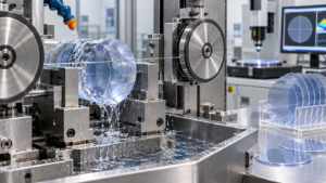 A sapphire boule undergoing coolant-controlled fixed-abrasive diamond wire saw cutting beside finished sapphire wafers