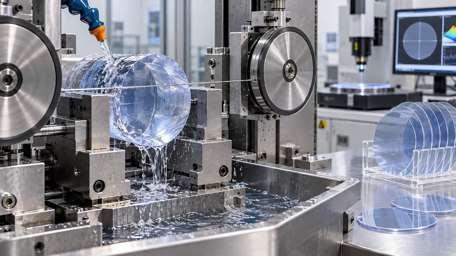 Sapphire Wafer Cutting: How Crystal Anisotropy Changes Diamond Wire Saw Results 1 A sapphire boule undergoing coolant-controlled fixed-abrasive diamond wire saw cutting beside finished sapphire wafers