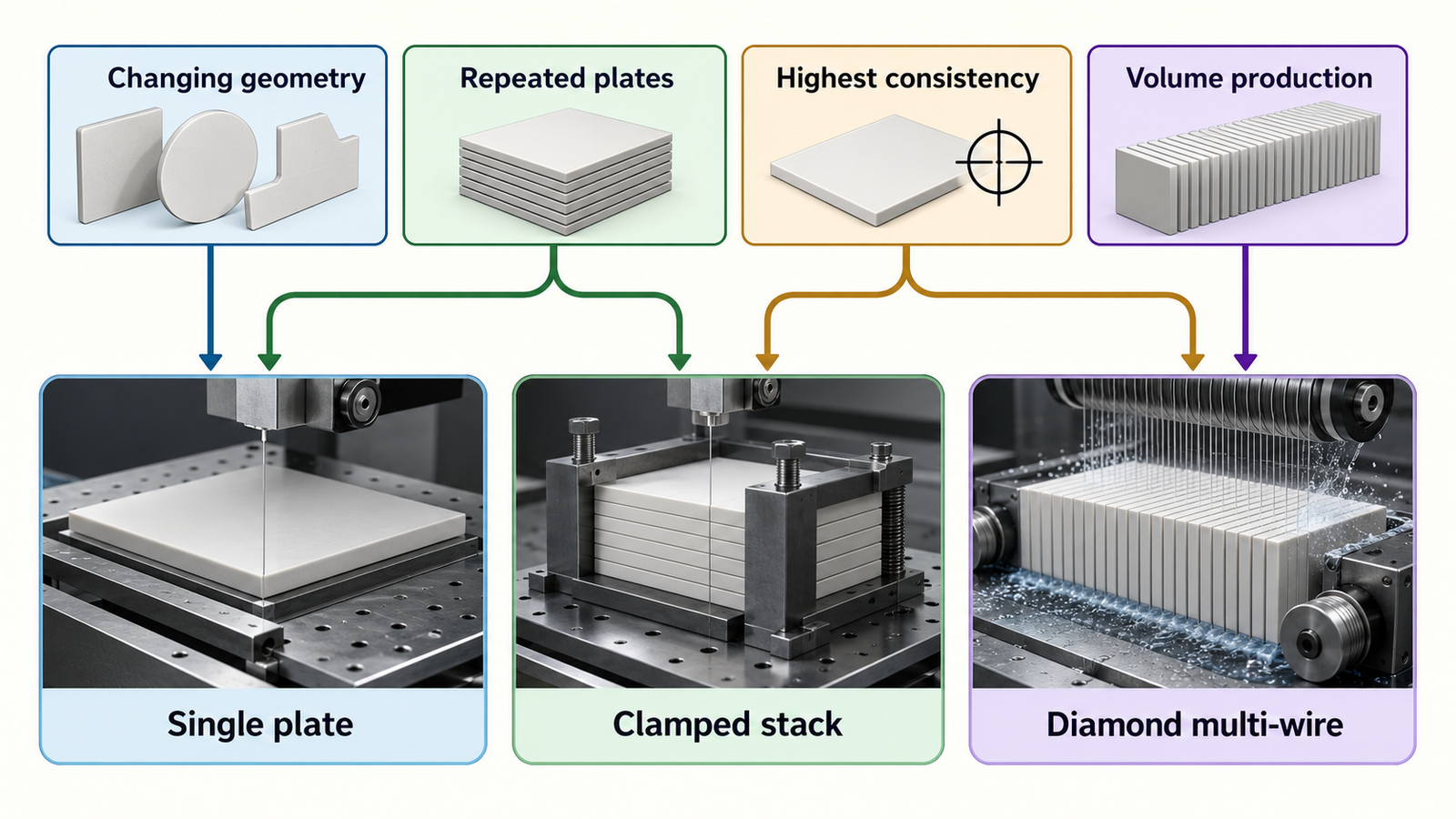 Advanced Ceramic Stack Cutting: When Batching Improves Throughput 3 Decision map comparing single-plate, clamped-stack and diamond multi-wire ceramic cutting