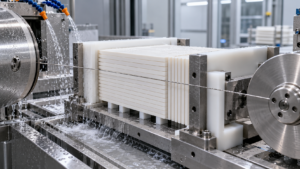 Diamond wire saw cutting a supported stack of advanced ceramic plates