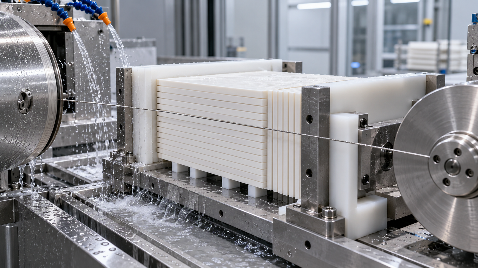 Advanced Ceramic Stack Cutting: When Batching Improves Throughput 1 Diamond wire saw cutting a supported stack of advanced ceramic plates