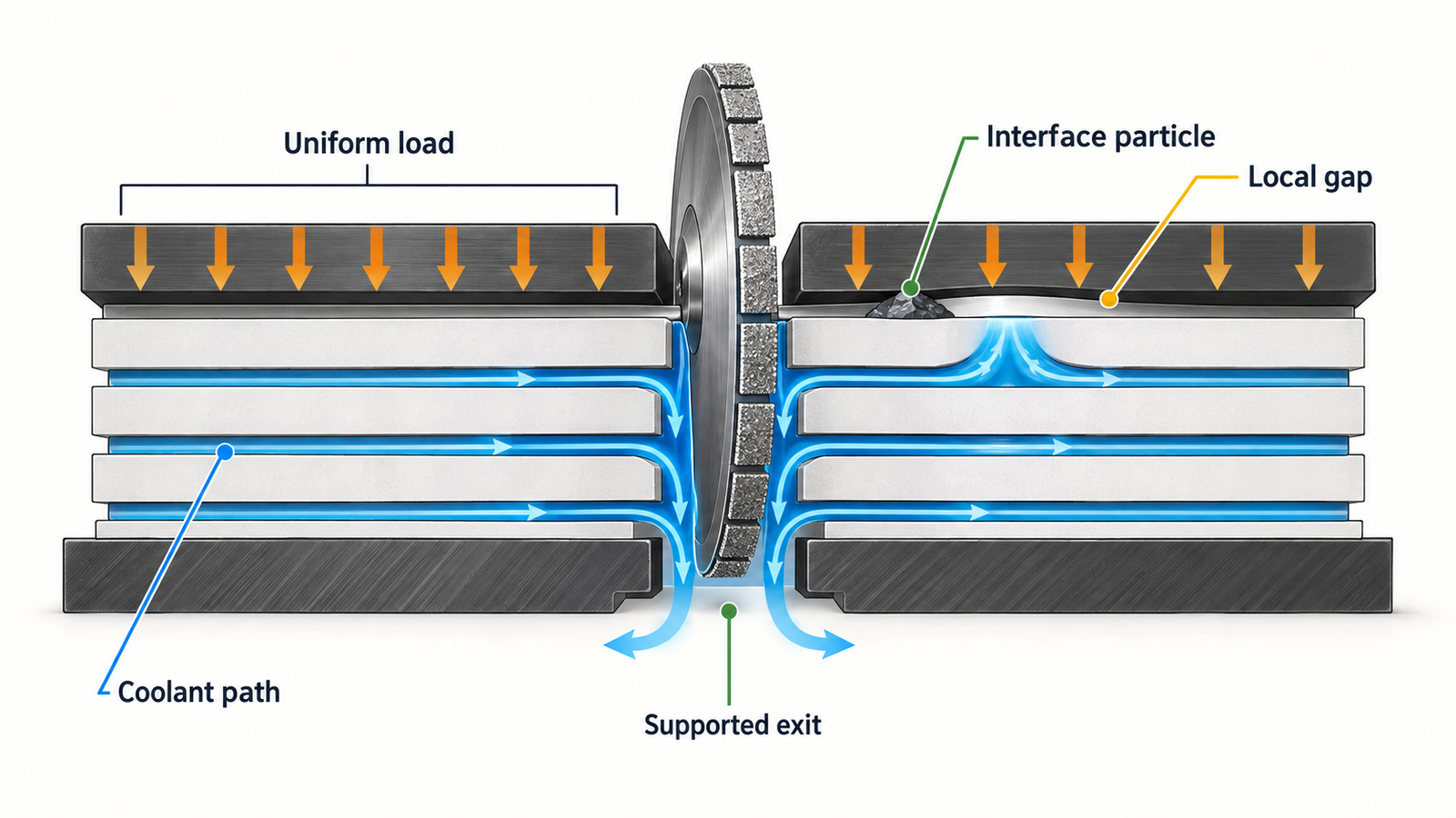 Advanced Ceramic Stack Cutting: When Batching Improves Throughput 2 Diagram of uniform load, local gap, interface particle, coolant path and supported exit