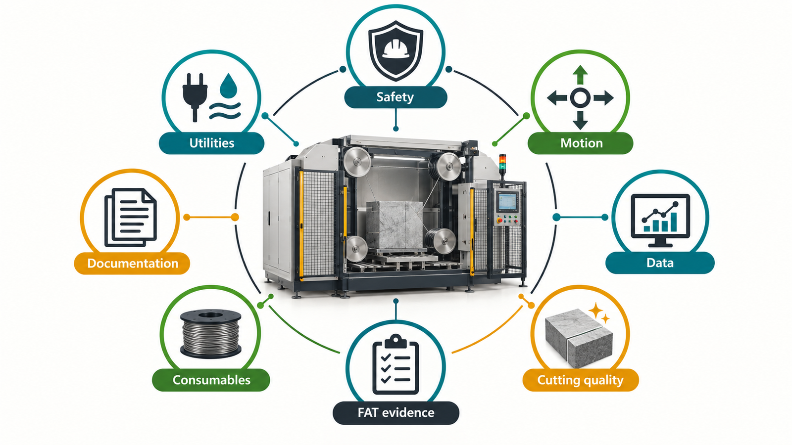 FAT evidence matrix for safety, utilities, motion, data, quality, consumables and documentation