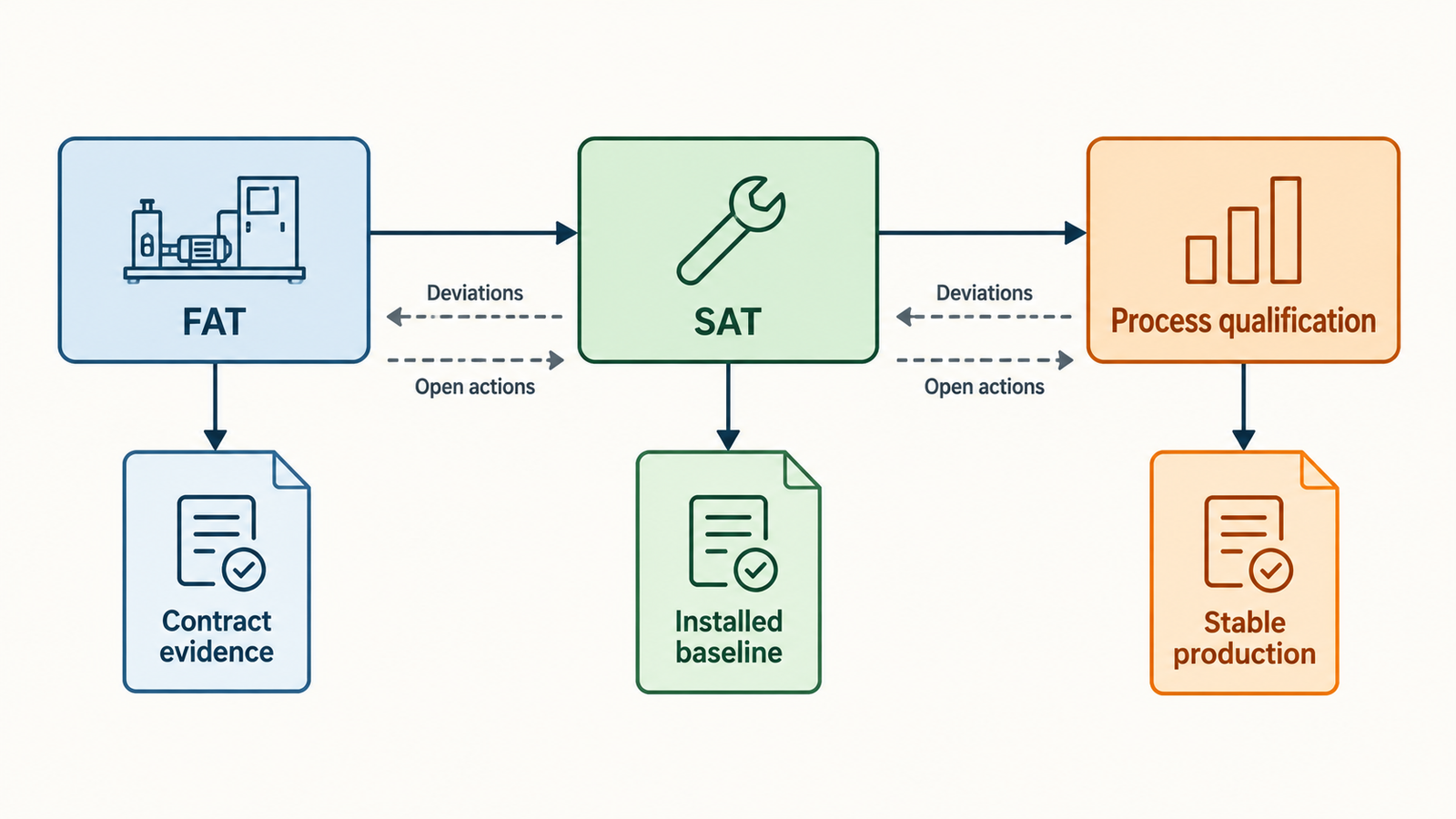 Handoff diagram from factory acceptance test to site acceptance and process qualification