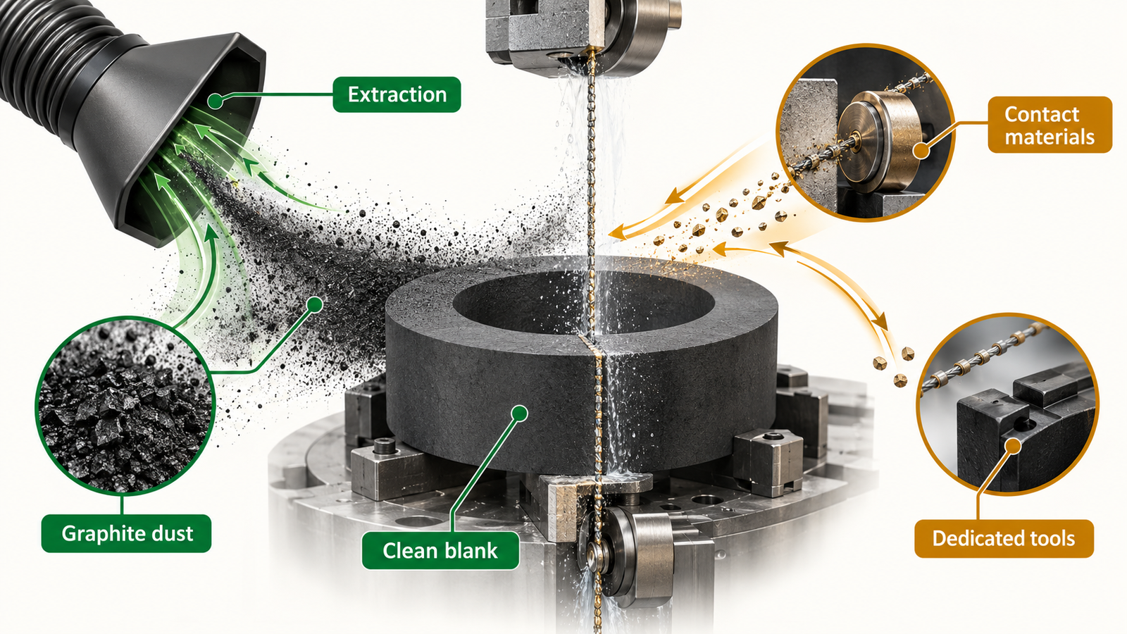 Graphite cutting diagram showing dust extraction, contact materials and dedicated tools