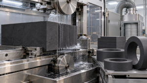 Diamond wire saw cutting graphite blocks and rings for SiC crystal-growth equipment