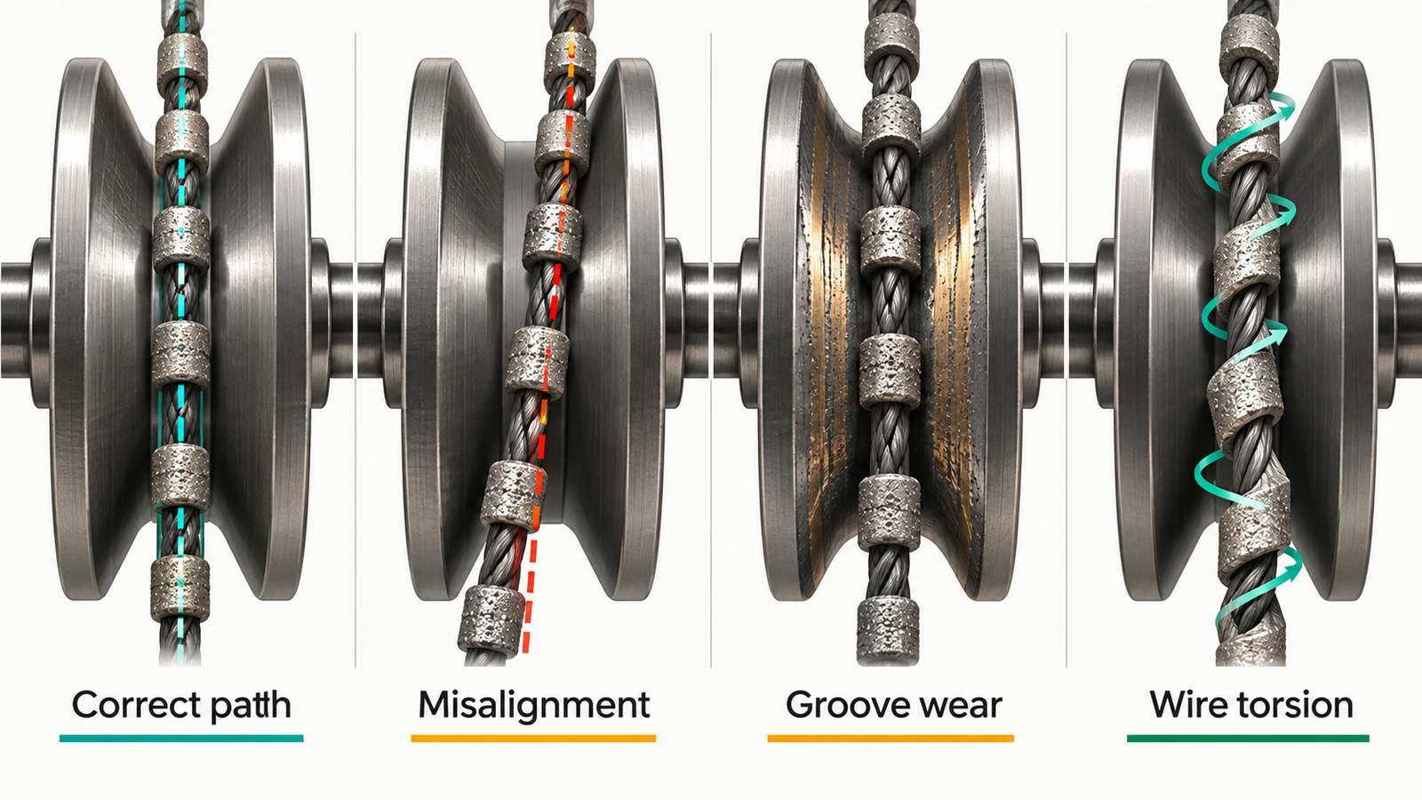 Comparison of correct wire path, misalignment, groove wear and wire torsion